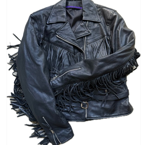 Stylish Black Leather Fringe Jacket Women’s– Western Biker Boho Rocker Style - Picture 5 of 12
